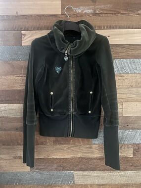 Women’s Y2K Twisted Heart Dark Olive Velvet Zip-Front Jacket Size S